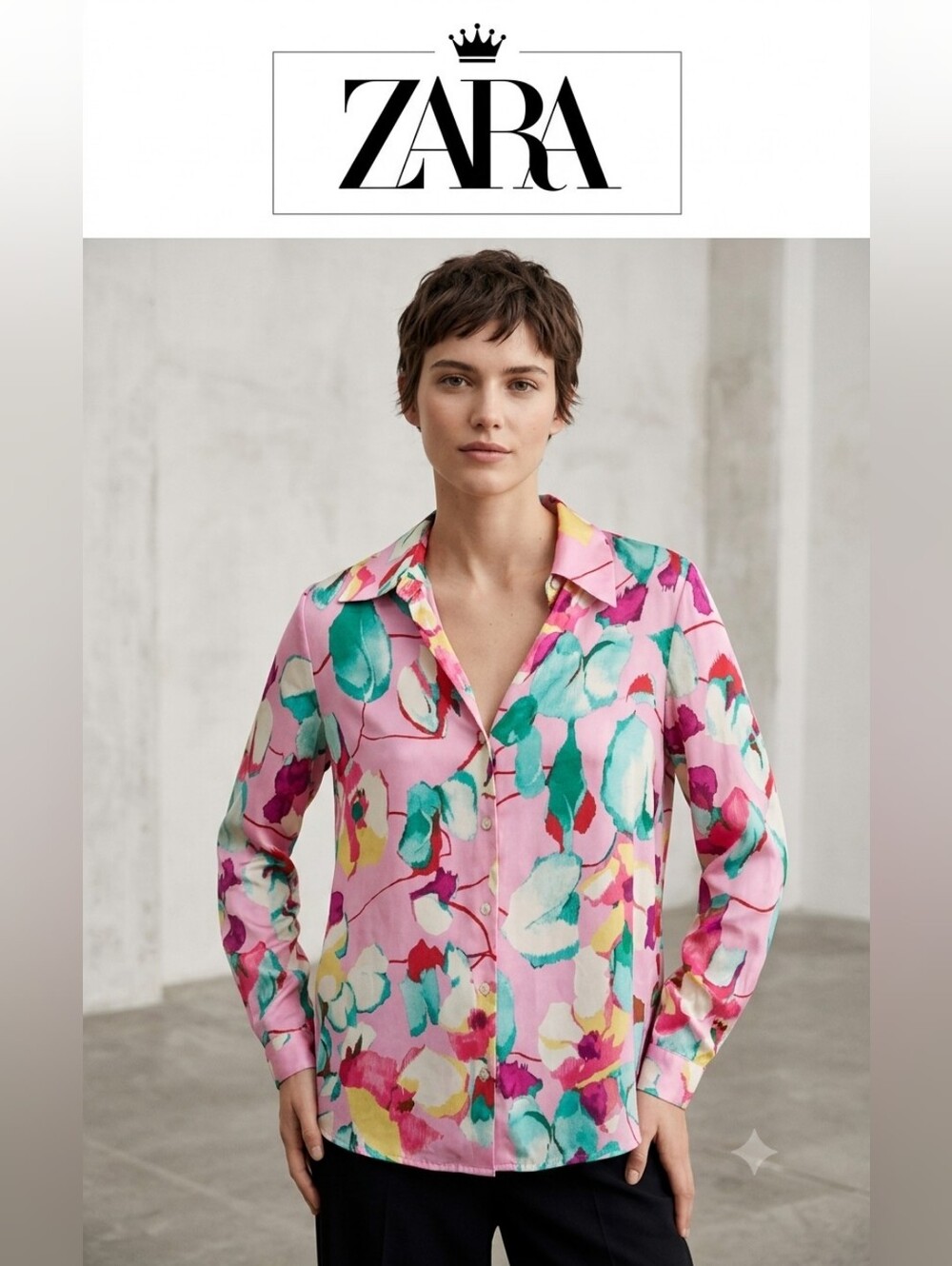Zara Pink Multicolor Floral Button-Down Shirt